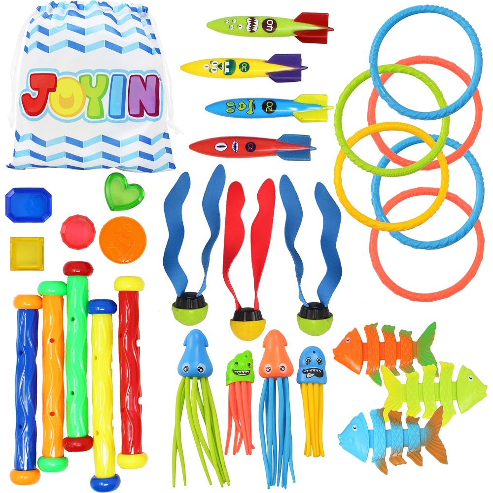 Joyfy 30-teiliges Tauchspielzeug-Set für Kinder mit Aufbewahrungstasche, inklusive 5 Tauchstäben und 6 Tauchringe