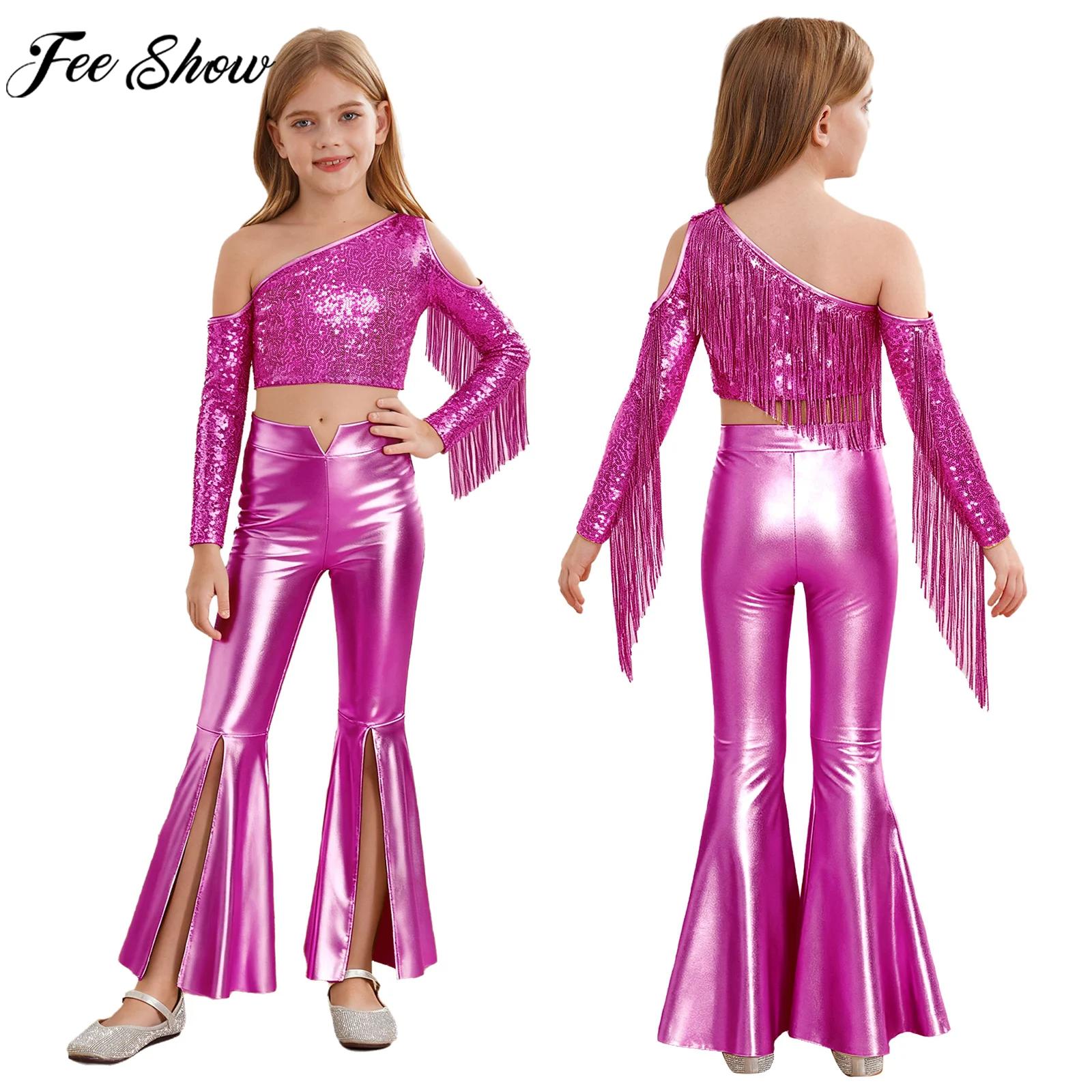 Girls Movie Character Princess Cosplay Costume Jazz Disco Dance Outfit Tassels Shiny Sequins Crop Top Metallic Bell-bottom Pants