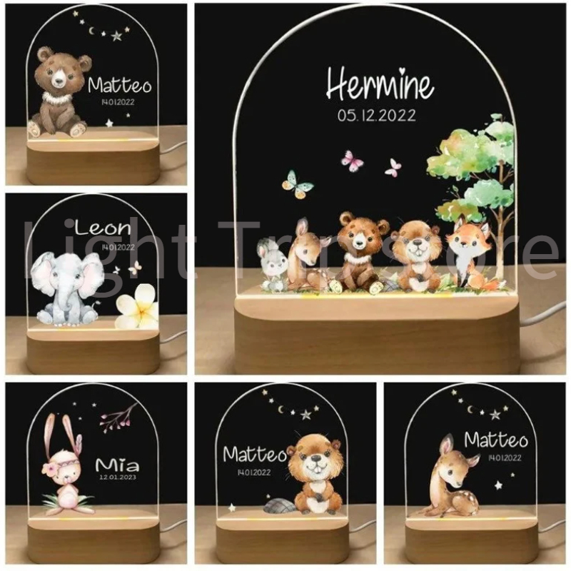 Luz nocturna personalizada para nacimiento de bebé, nombre personalizado, Animal, elefante, León con USB, lámpara con Base de madera para mesa de dormitorio, decoración de arcoíris