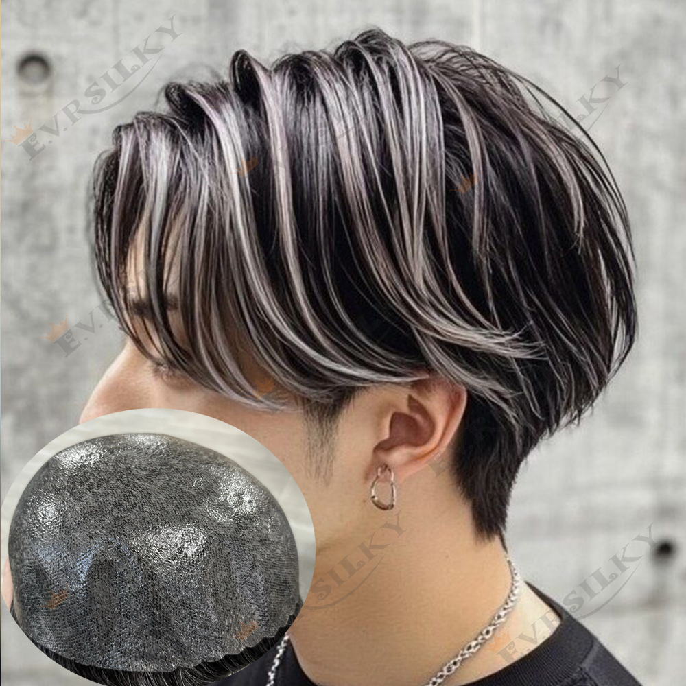 1B40 1B80 cabello humano gris para hombres, peluquín de micropiel para hombres, línea de cabello Natural súper duradera, piel fina, prótesis capilar completa de PU