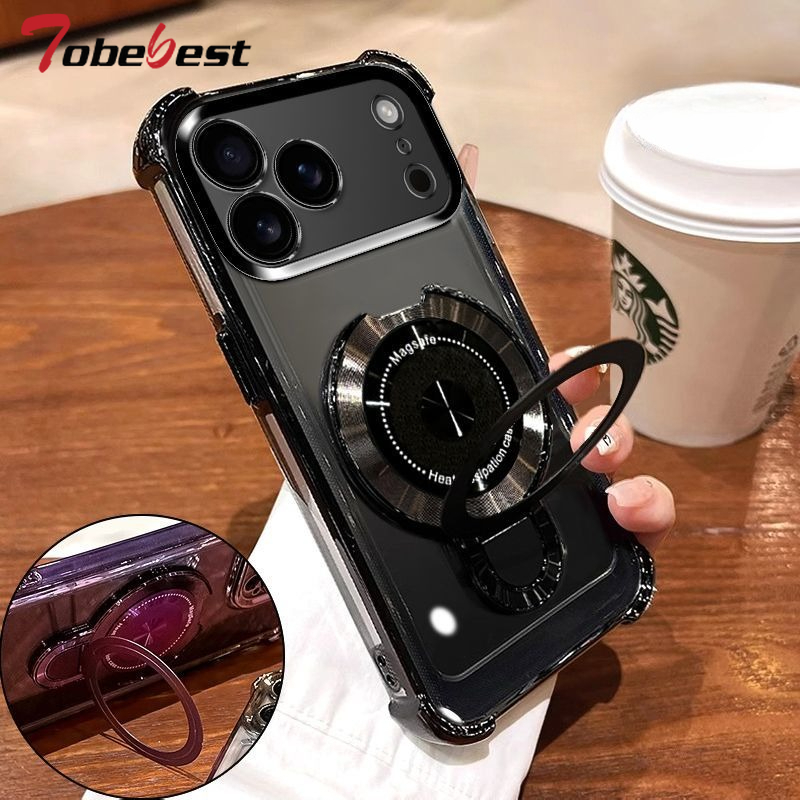 Custodia con staffa magnetica Magsafe placcatura trasparente antiurto per iPhone 17 Air 16 16E 15 14 Plus 13 12 Mini 11 Pro XS Max XR Cover