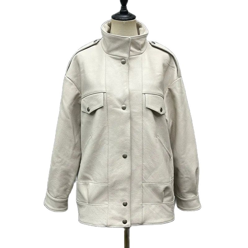 Chaqueta de cuero de oveja Real para mujer, abrigo de motocicleta de longitud media, cuello levantado, moda
