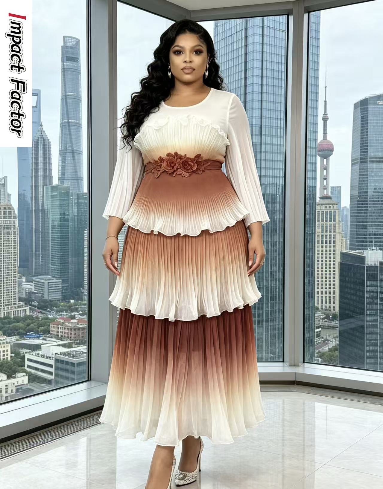 Vestido Miyake 2026 de Alta Gama para Banquete, con Pliegues, Borde Ondulado, Estampado Decorativo, Degradado, Estilo Lujoso