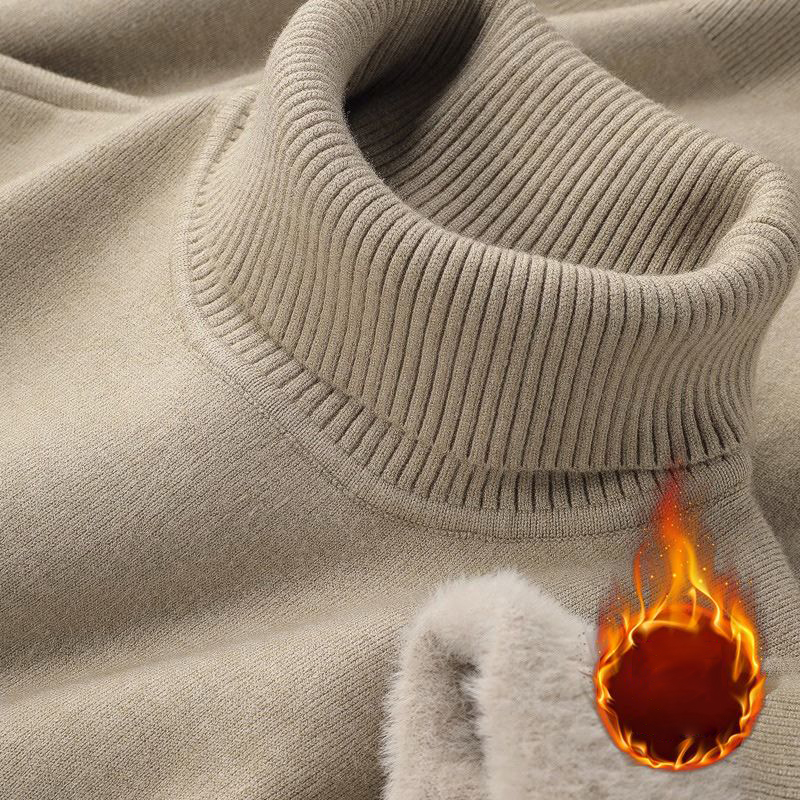 We.Fine Autumn Winter Men's Turtleneck Sweater Knitted Warm Velvet Long Sleeve Casual Pullover Outdoor Cold-Proof Base Sweater