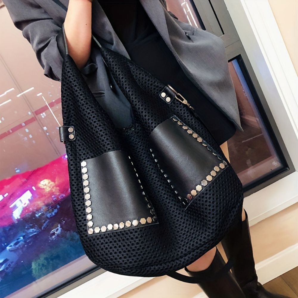 Borsa a mano retrò in rete, borsa a tracolla di grande capacità, borsa randagia con rivetti in stile punk, borsa da donna grande