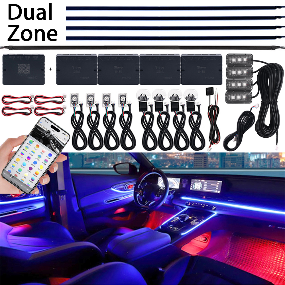Dwustrefowy oświetlenie ambientowe samochodu symfoniczny 18 w 1 prowadził 64 kolory Neon RGB oświetlenie wewnętrzne akrylowy pasek Streamer atmosfera Kit App