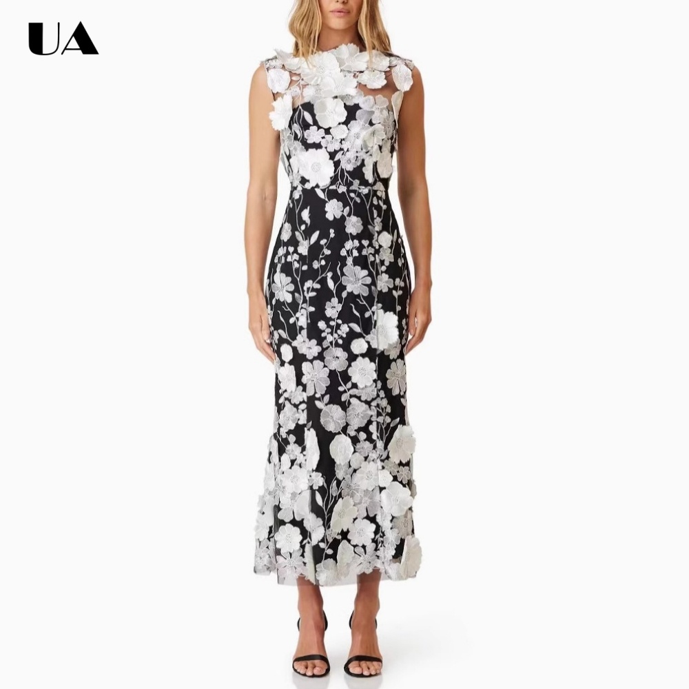 Novos Vestidos Longos Sem Mangas com Flores 3D para Mulheres, Vestido de Festa Elegante com Cintura Ajustada, Vestido de Festa Moderno com Zíper