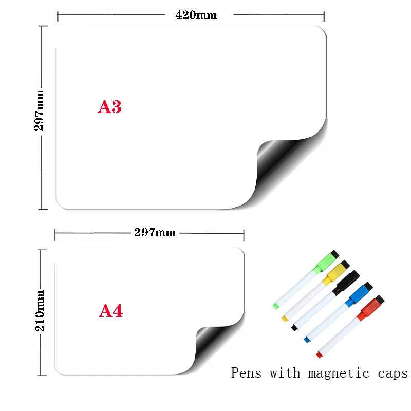 Elastyczne magnetyczne tablice suchościeralne A3+A4 z markerami, tablica na lodówkę do notatek, lista zakupów do kuchni.