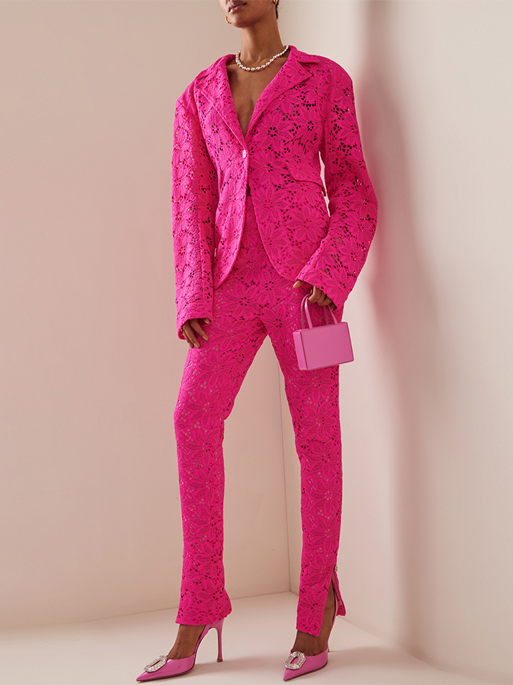 HIGH STREET Newest 2026 Designer Runway Fashion Suit Set Women's Single Button Guipure Lace Blazer Pencil Pants Suit 2pcs