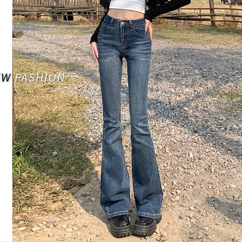 Mulheres vintage high street bell bottom jeans senhora sexy fino ajuste denim calças flare azul profundo luz azul preto azul cinza
