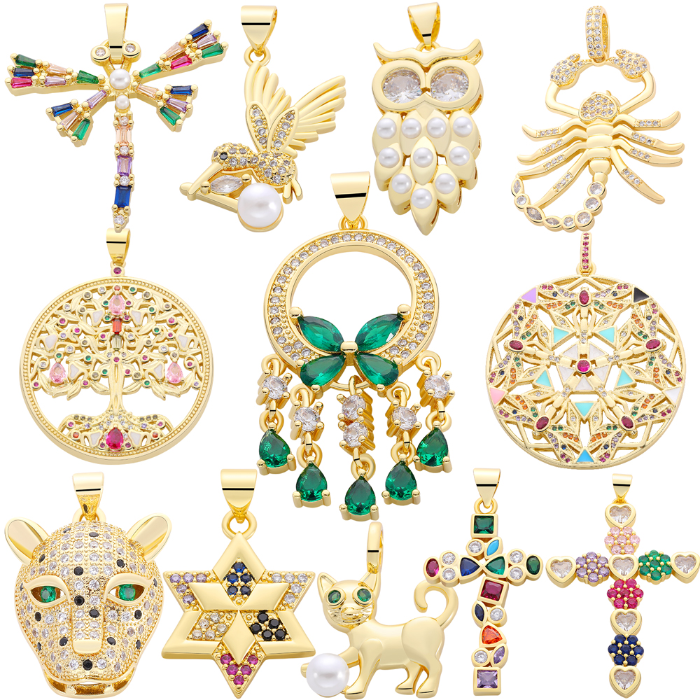 Juya artisanat plaqué or véritable 18K libellule oiseaux léopard chat hibou arbre capteur de rêves croix chrétienne étoile breloques fournitures