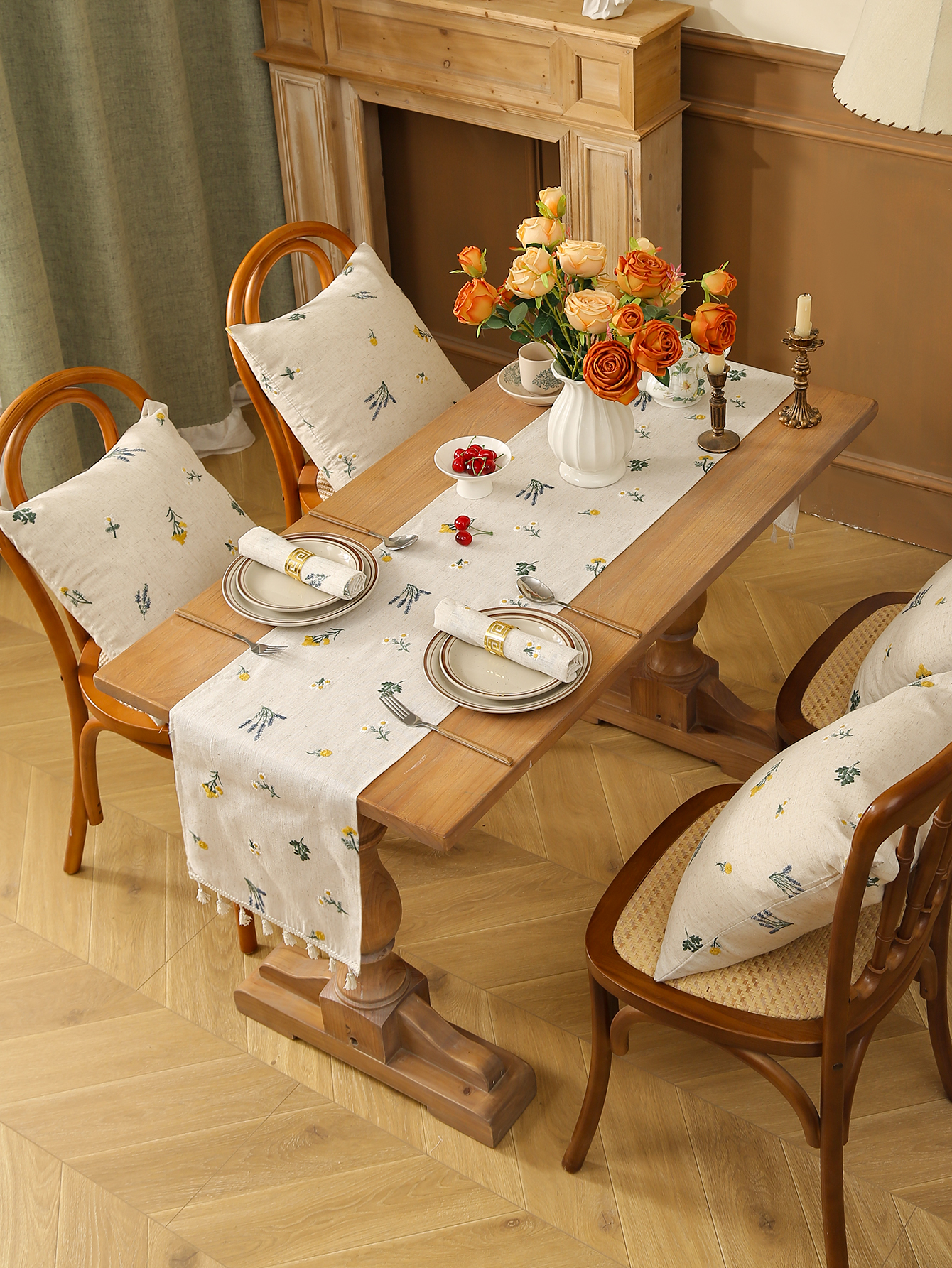 Toalha de mesa bordada com franjas de trigo, estilo rústico, mesa de jantar, cozinha, sala de estar, decoração de mesa de café