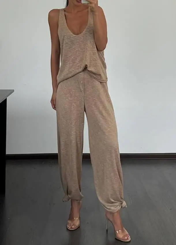 Ensemble 2 pièces pour femmes, nouvelle mode d'été, débardeur sans manches à col rond pour femmes et pantalon large à boutons décoratifs, ensemble décontracté