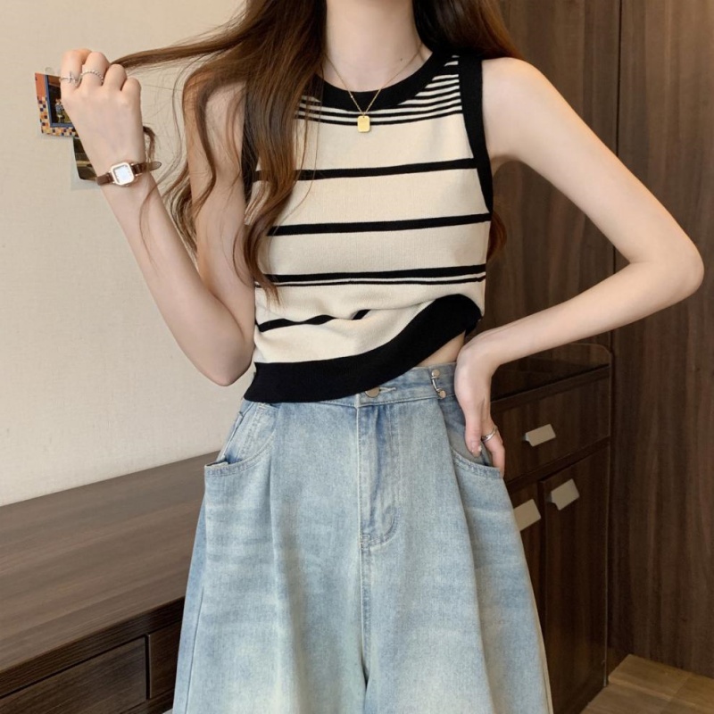 Camisola de punto a rayas para mujer, ropa exterior de verano, top corto francés sin mangas con hombros descubiertos, versátil y moderno