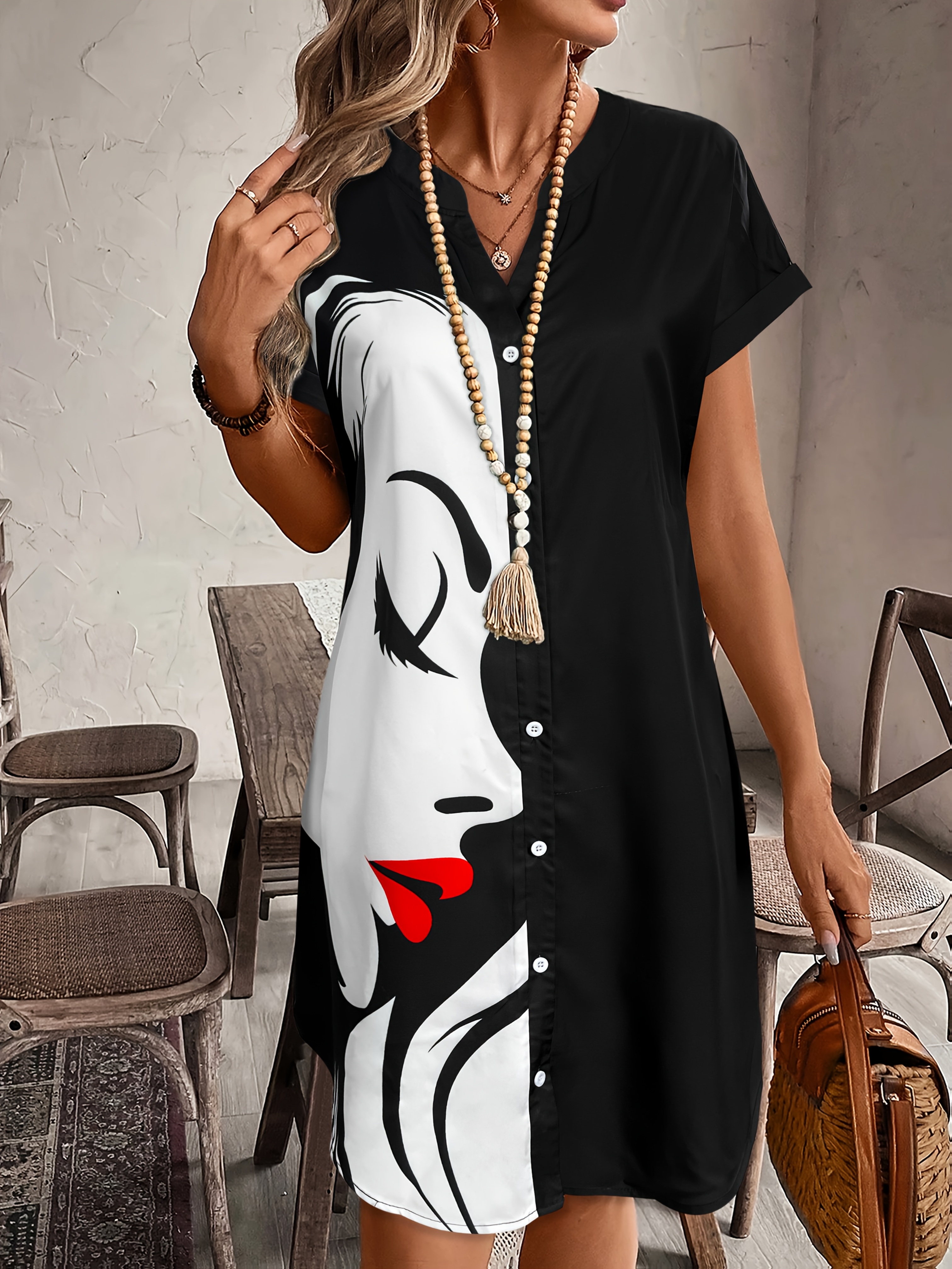 Vestido Camisa Feminino Vintage com Estampa de Retrato, Casual de Verão, Manga Curta, Solto, Estilo Túnica