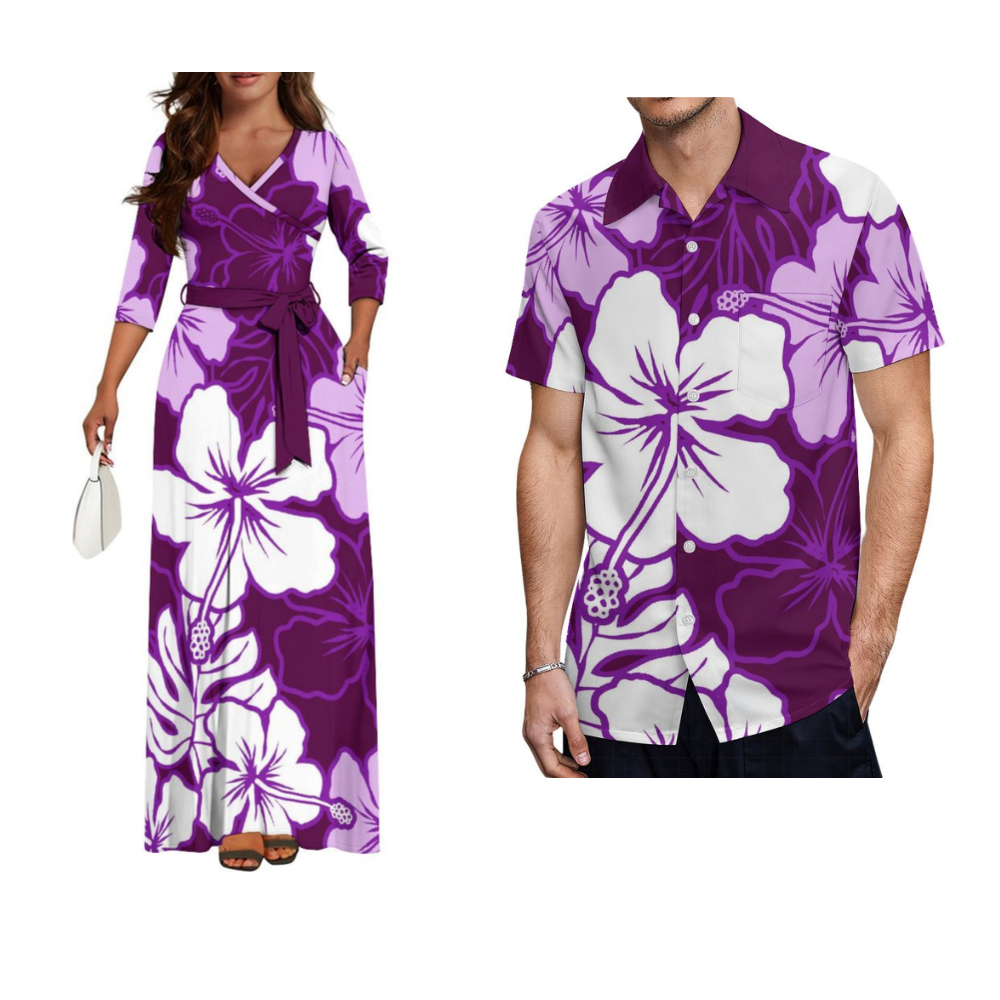 Samoa Hibiscus Bloem Custom Dames Jurk Zomer Herfst Lange Mouw V-hals Temperament Jurk Party Paar Jurk Heren Shirt