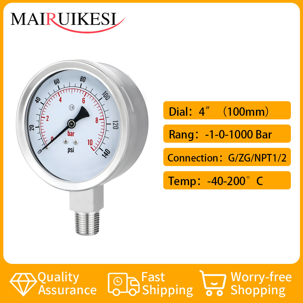 Pengukur Tekanan Baja Tahan Karat 4 "100Mm Dudukan Bawah 1/2 -1-0-1000bar Tipe Bayonet Manometer Vakum Gas Hidrolik Air