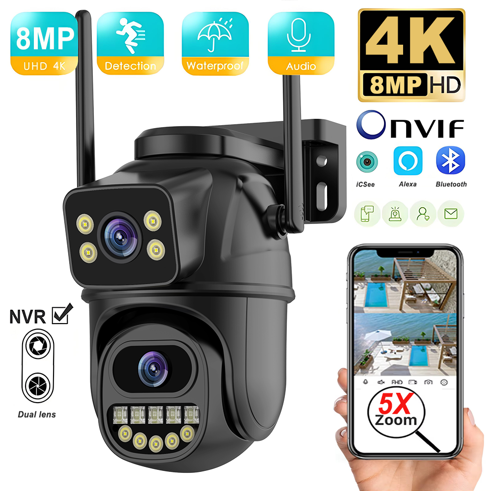 Cámara de seguridad 4K 8MP Zoom 5X lente Dual pantalla WiFi exterior protección del hogar 6MP IP PTZ cámara de videovigilancia CCTV