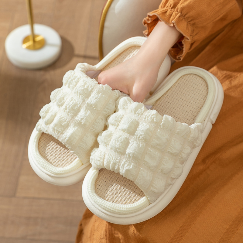 Linnen pantoffels met dikke zolen Dames Indoor Slippers Open teen Antislip Platte pantoffel Koppels Slides Lente Zomer Herfst