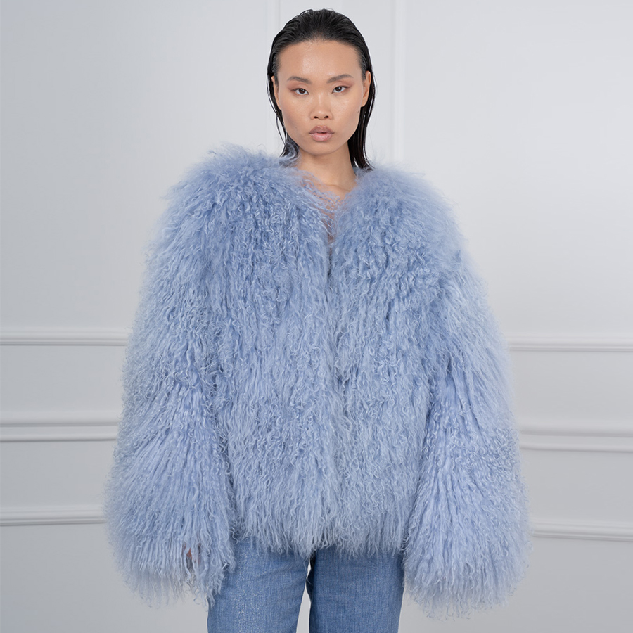Abrigo de piel de oveja Natural, chaquetas para mujer, chaqueta sin cuello de cordero mongol azul claro, ropa corta de invierno para mujer, tendencia