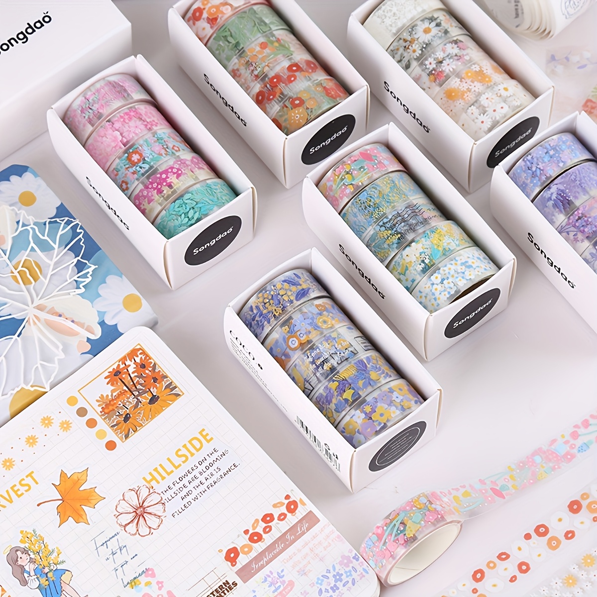5 rouleaux/boîte de ruban washi à fleurs vintage, petit ruban décoratif floral transparent en matériau PET, un cadeau indispensable pour les amis