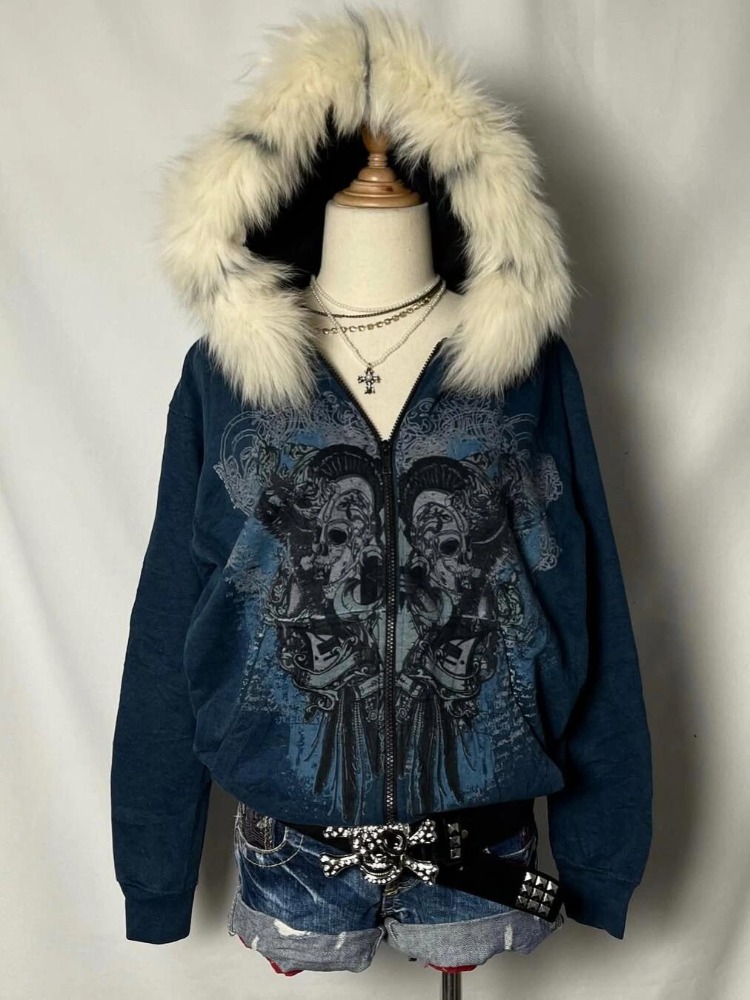 Sudaderas con calavera Vintage americana subcultural Y2k, sudaderas con capucha estéticas para mujer, cárdigan con capucha para otoño e invierno, abrigo con estampado de piel para mujer
