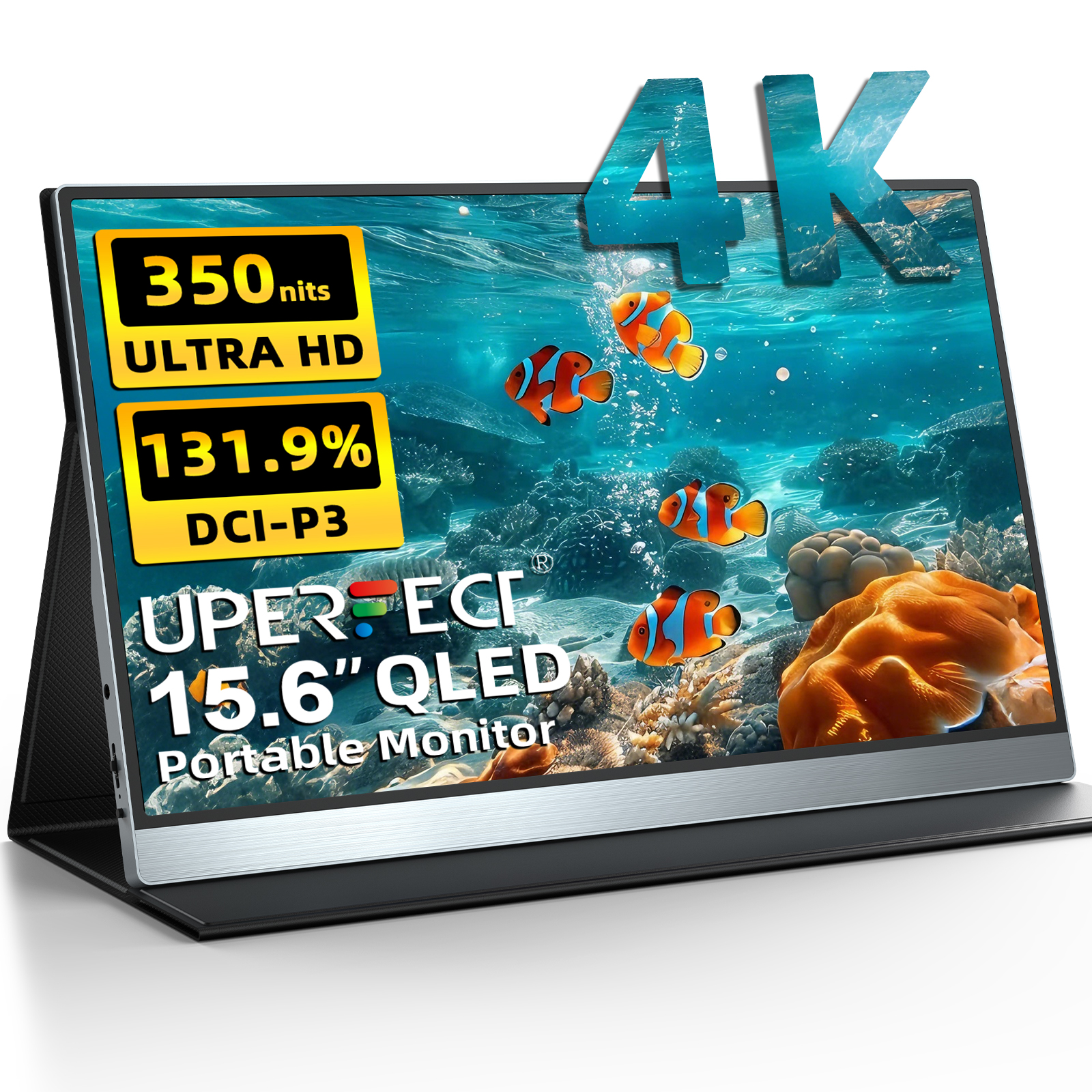 UPERFECT 4K QLED Portable Monitor 15.6 Inch 130% SRGB HDR USB-C Laptop HDMI Computer Display With Smart Cover & Dual Speakers