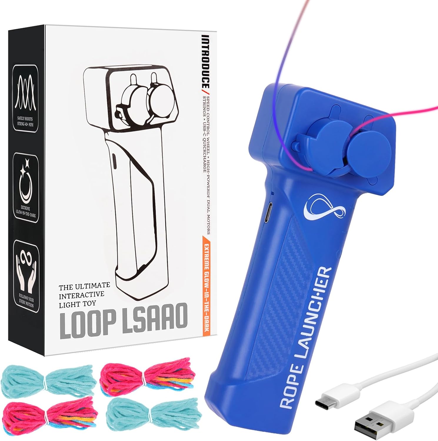 Im Dunkeln leuchtendes Lasso-Seil-Shooter-Spielzeug, tragbarer Schnur-Seil-Werfer, Stressabbau-Spielzeug, ideales Geschenk für Erwachsene, Geburtstagsfeier
