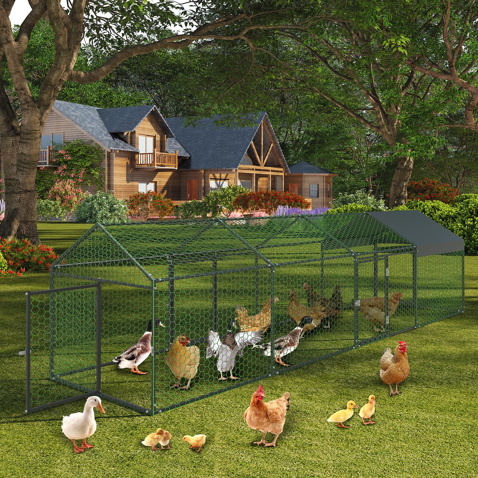 Poulailler en métal robuste avec portes et couvercle Anti-Uv, Cage de volaille Portable, maison de poule, arrière-cour extérieur