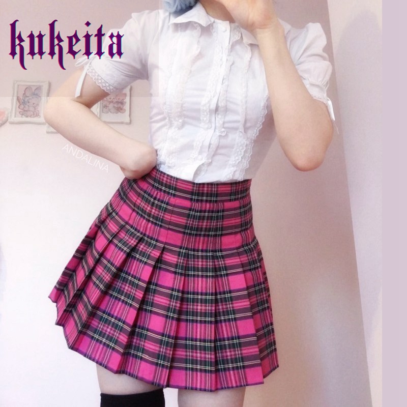 Kukeita kobiety spódnica w kratę lato wysokiej talii dziewczyny JK Mini spódnica Y2k Harajuku słodkie plisowana spódnica japoński Kawaii krótka spódnica