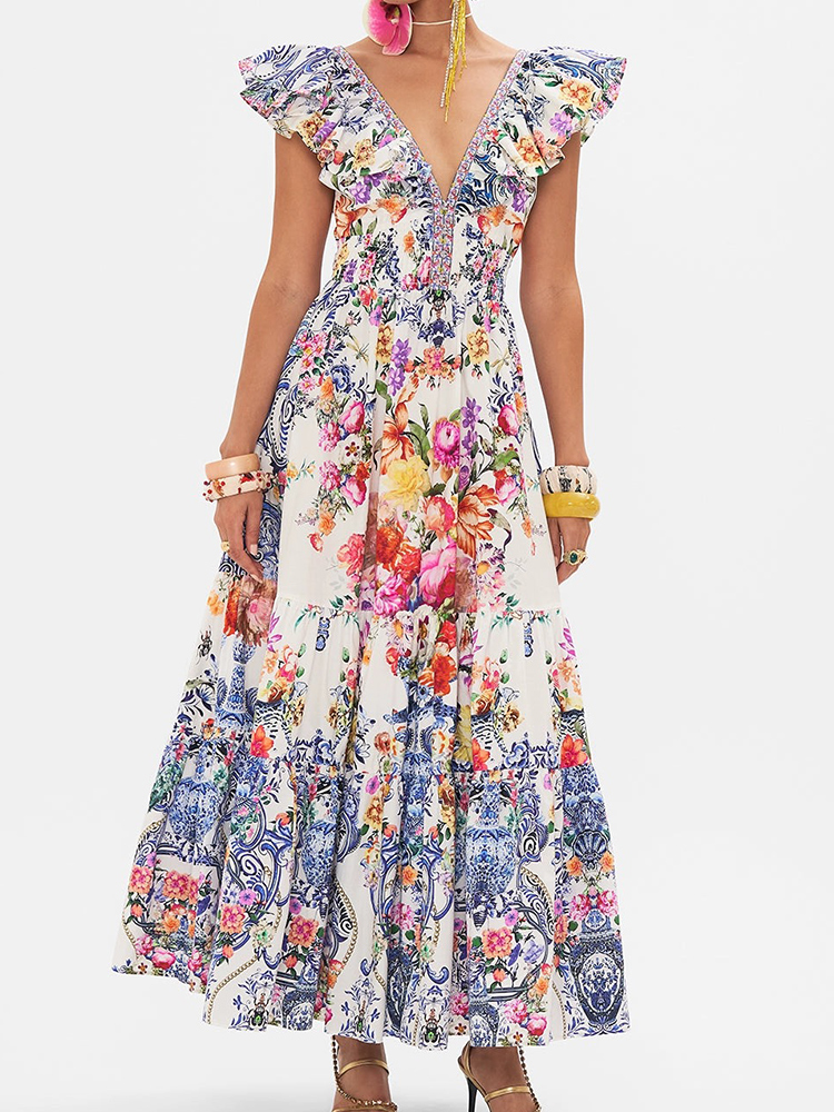 Retro sexy profondo scollo a v stampato manica Feifei gonna a vita alta 2024 estate nuovo vestito firmato grande vestito da donna di moda.