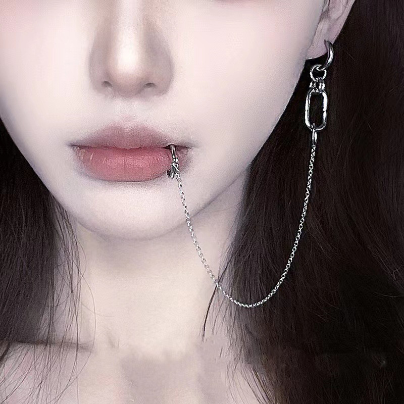 1 buah tindik palsu rantai bibir klip telinga Punk perempuan keren Gotik cincin bibir anting-anting menjuntai tindik palsu perhiasan tubuh logam