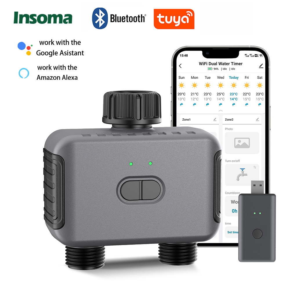 Insoma Automatischer Wassertimer mit Gateway, Doppelschlauch, Gartenbewässerung, Bewässerungssystem, Fernsprinkler, Programmierer, unterstützt Alexa
