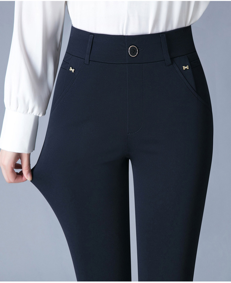 7XL Lente Herfst Casual Knop Elastisch Midden Taille Zwart & Marineblauw Rechte Broek Kantoor Dame Sneldrogend Pak Broek Vrouwelijk