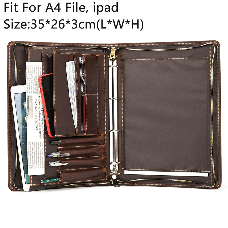 Luufan hommes pochette pour fichiers A4 en cuir véritable zip autour homme document sac iPad étui peau de vache homme d'affaires sac à main téléphone sac