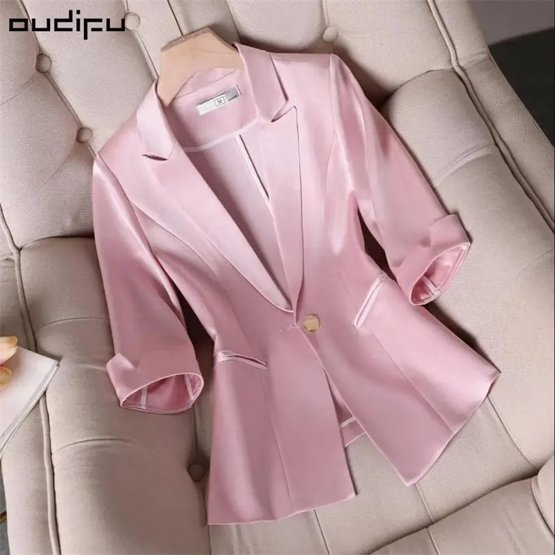 Essigsäure elastischer Satin schlanke Taille vielseitige Damen anzug Sommer jacke Slim Fit Dreiviertel ärmel profession ellen Blazer Mantel