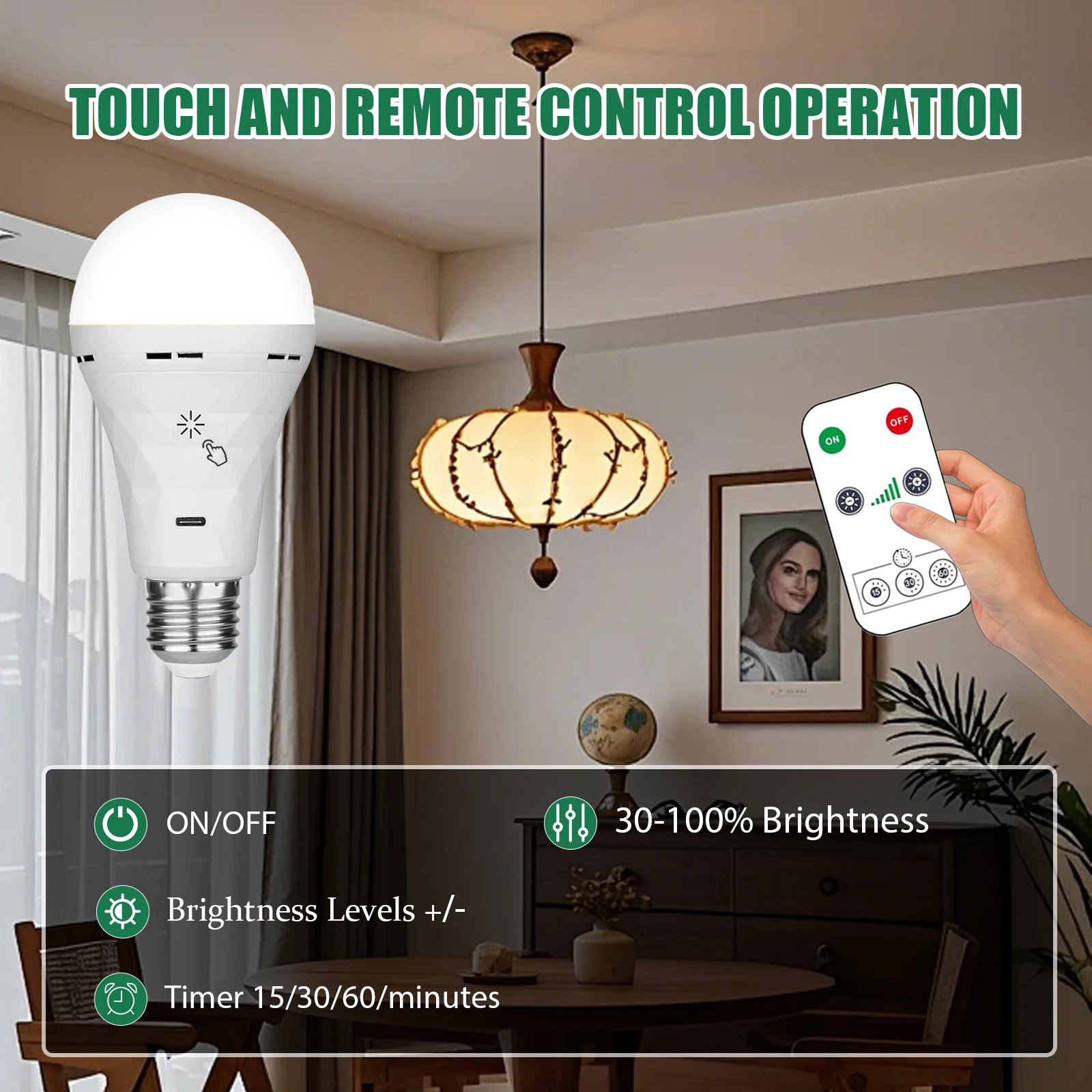 HOMEFISH USB LED電球 e27 充電式電球 スマートバッテリー電球 タッチコントロール調光機能付きLED電球 タイマー機能付き