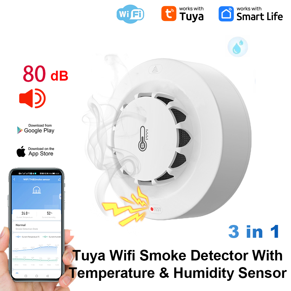Tuya Wifi Rookmelder Temperatuur-En Vochtigheidsdetectie 3 In1 Brandbeveiliging Rookmelder Sensor Smart Life Brandweerman