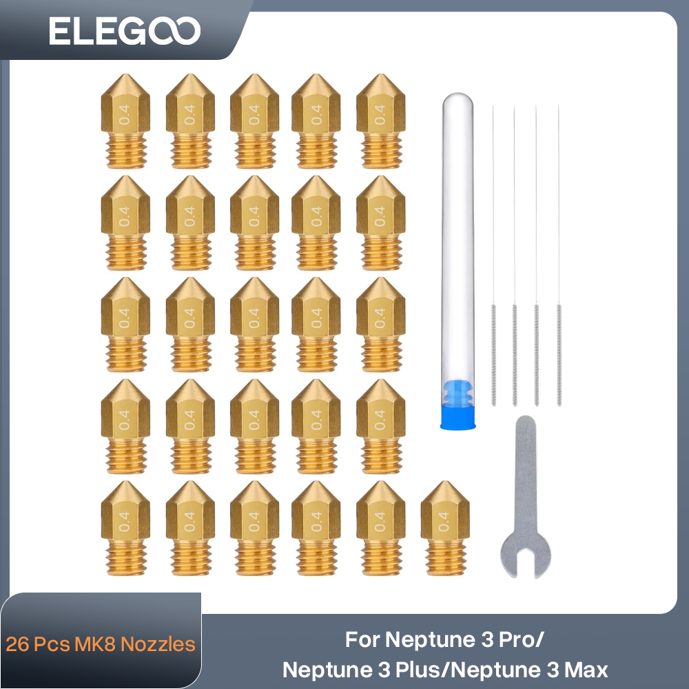 ELEGOO 26 Pcs 0.4mm MK8 Nozzles, 3D Printer Brass Hotend Nozzles with Needles and DIY Tools for Neptune 3/3 PRO/3 Plus/3 MAX