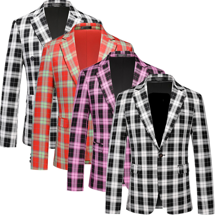 Blazer Lengan Panjang Kotak-kotak Pria Kotak-kotak Hitam Putih, Jaket Gaun Slim Fit Modis, Mantel Atasan Pesta Pernikahan, Ukuran Asia M-5XL,6XL