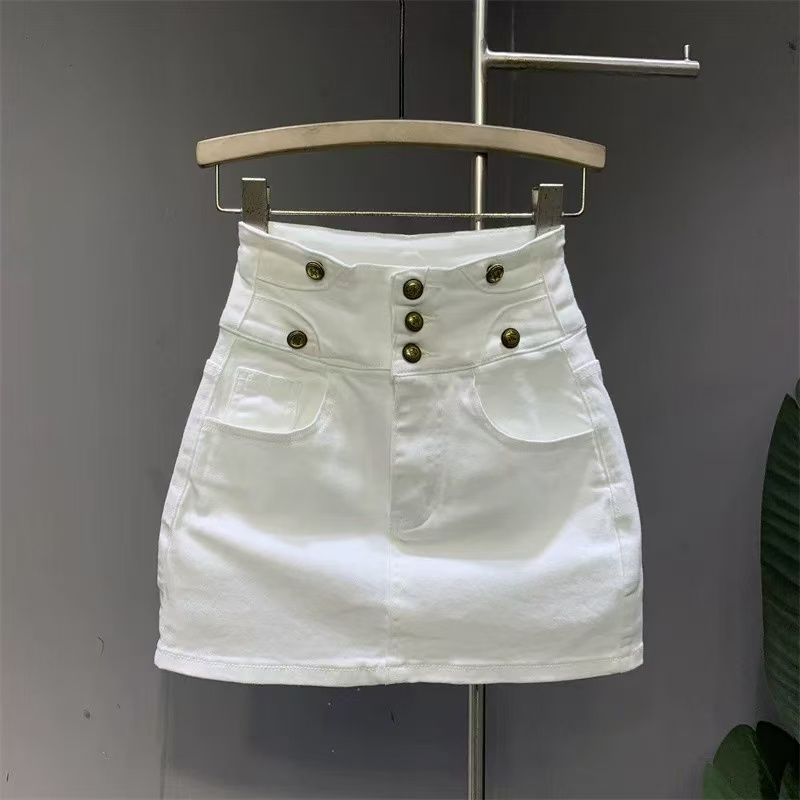new white high-waisted denim skirt button a-word hip skirts for women with pocket