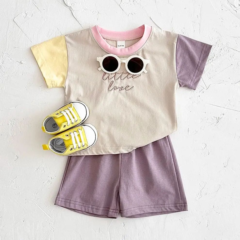 2024 New Baby Girls Clothes Set Casual Embroidered Letters Color Patchwork Short Sleeved T-shirt+loose Shorts Summer Boys Suit