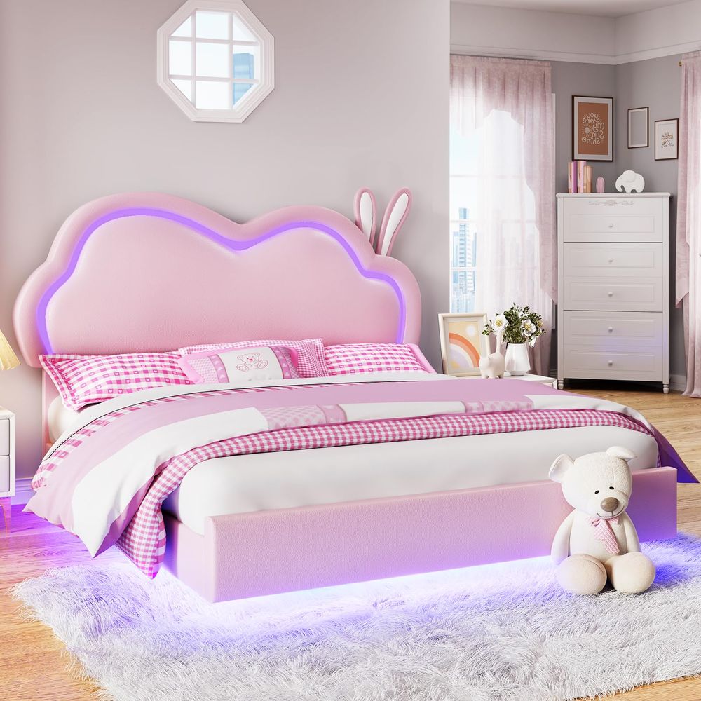 LED Twin Bed Frame for Girls Upholstered Floating Bed with Cute Cloud Headboard, No Box Spring Needed, Leather, Pink Bunny ear