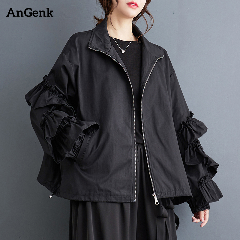 Black Solid Color Ruched Oversize Jacket Women's Casual Loose All Match Fashion Stand Collar Vintage Coat Spring Autumn 2026