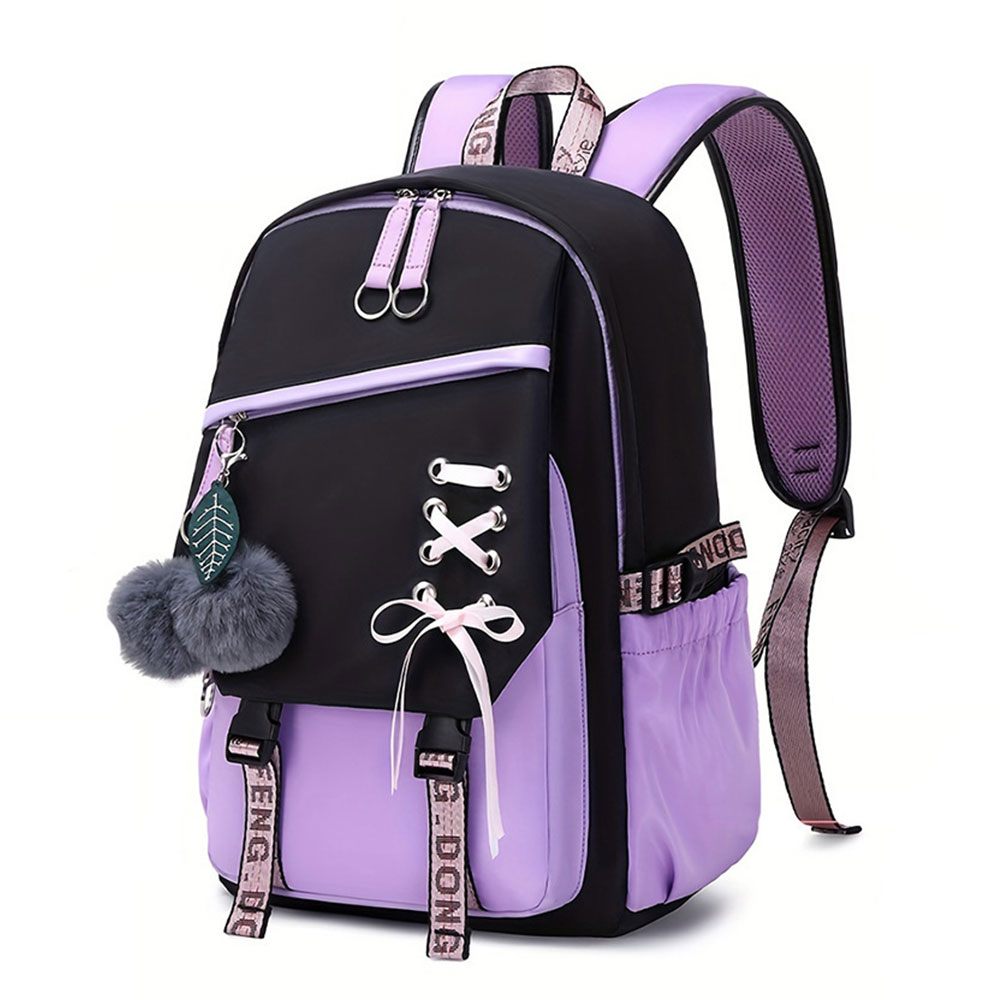 Sac à dos mignon pour filles, tendance, avec blocs de couleur et pendentif en peluche, sac d'école pour filles, grande capacité, sacs à dos de voyage pour femmes