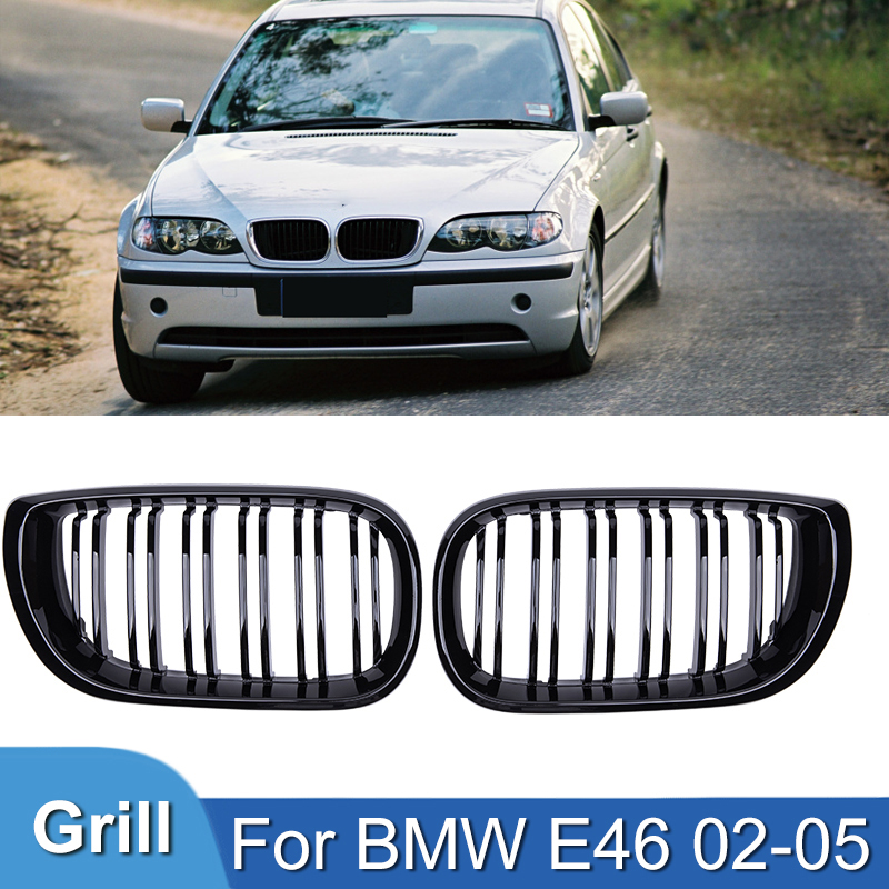 Pullaco-Grelhas para o pára-choques dianteiro para carro, grelha de corrida, grelhas para rins linha dupla, preto Gloss, BMW Série 3 E46, 4 portas 2002-2005