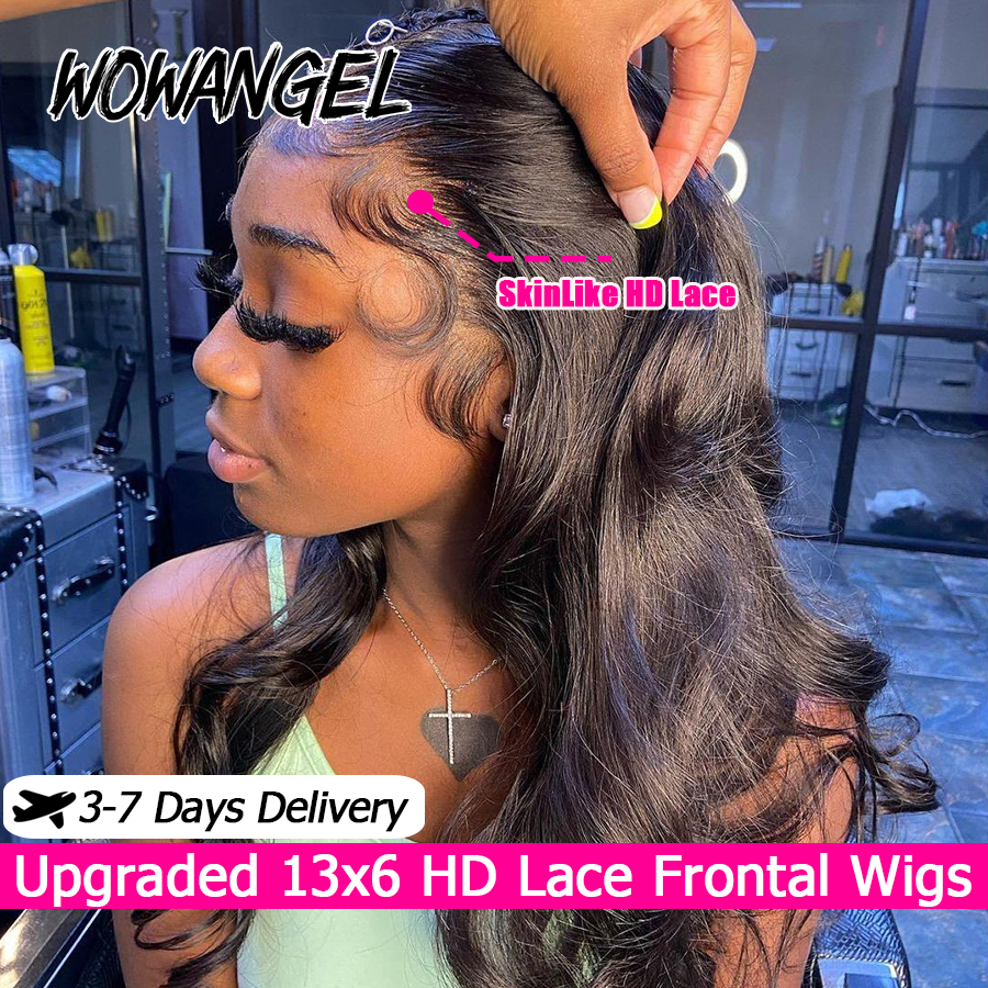 Peruki z włosów naturalnych typu HD Lace Front 13x6, 250% gęstości, z falą body wave, niewidoczne peruki HD Lace, wstępnie wyskubane, bezklejowe, brazylijskie włosy dla kobiet.