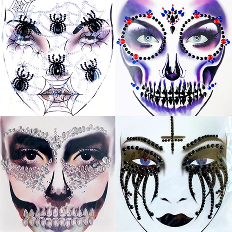 Serie de Halloween 3D araña Terror cara pegatinas de cristal fiesta Horror mueca decoraciones acrílico taladro tatuaje temporal pegatinas