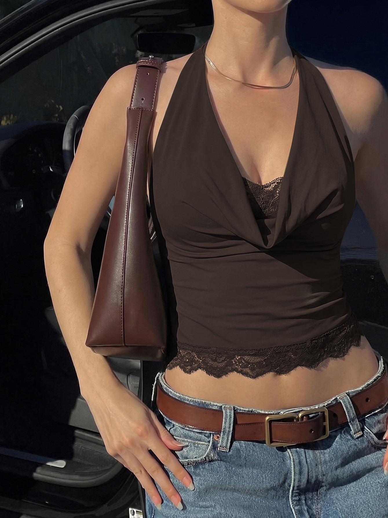 Dulzura Letnia Moda Sexy Halter Bez Pleców Wiązany Koronkowy Top z Falbankami i Dekoltem typu Swing, Damska Codzienna Bluzka Y2K na Imprezę i do Klubu