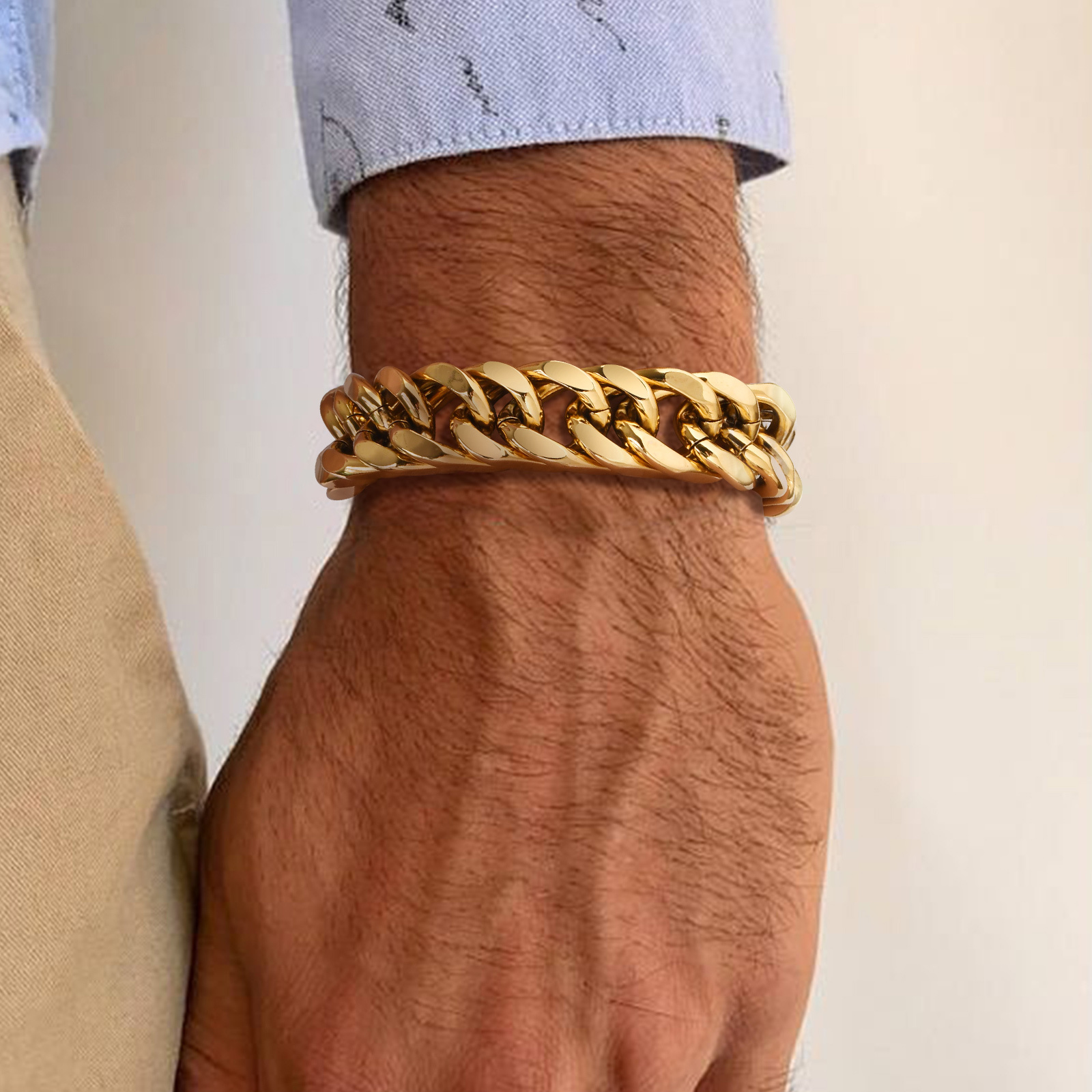 Bracciale a catena cubana color oro da uomo, gioielli regalo con cinturino a maglie in acciaio inossidabile impermeabile grosso 8/10/12/15 mm, 19 cm / 21,5 cm